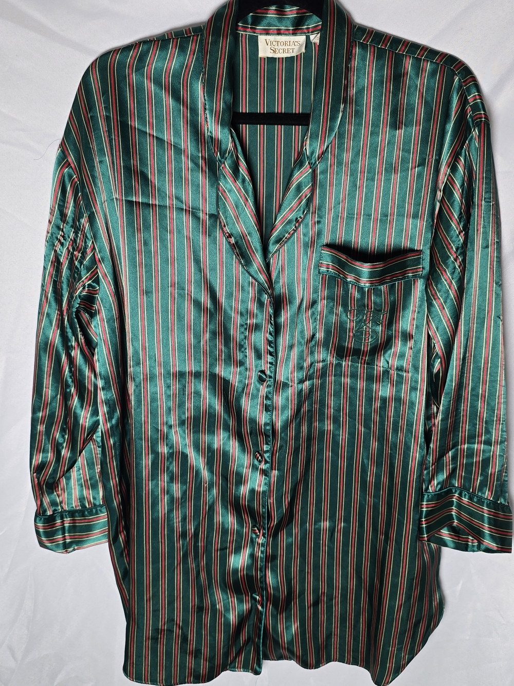 Vintage Victoria's Secret Green Satin Striped Button-Up Shirt Holiday Christmas